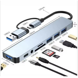 8-in-1 USB-C Hub Adapter – Multiport Type-C Dock with USB 3.0, USB 2.0, SD/TF Card Reader, Audio & Charging | Plug & Play for Laptop & MacBook