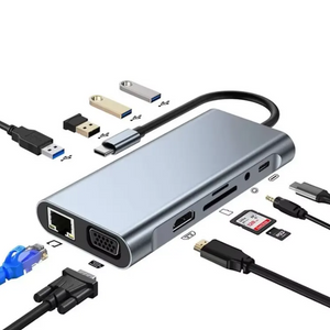 11-in-1 USB-C Hub Adapter – Type-C Dock with 4K HDMI, VGA, LAN, PD Charging, USB 3.0 & SD/TF Card Reader  All-in-One Laptop Docking Station