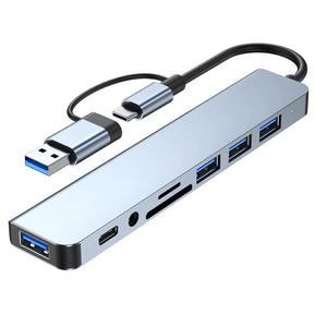 8-in-1 USB-C Hub Adapter – Multiport Type-C Dock with USB 3.0, USB 2.0, SD/TF Card Reader, Audio & Charging | Plug & Play for Laptop & MacBook
