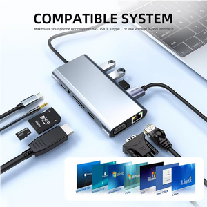11-in-1 USB-C Hub Adapter – Type-C Dock with 4K HDMI, VGA, LAN, PD Charging, USB 3.0 & SD/TF Card Reader  All-in-One Laptop Docking Station