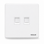 A white double RJ45 network jack wall plate with the NEXUS brand name 