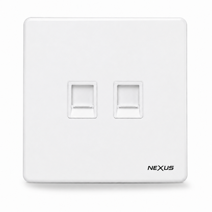 A white double RJ45 network jack wall plate with the NEXUS brand name 