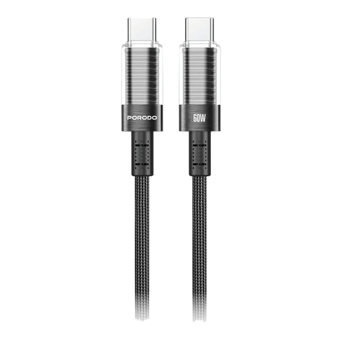 Porodo Transparent Shell USB-C to USB-C Cable PD 60W – Braided Fast Charging Cable 1.2M